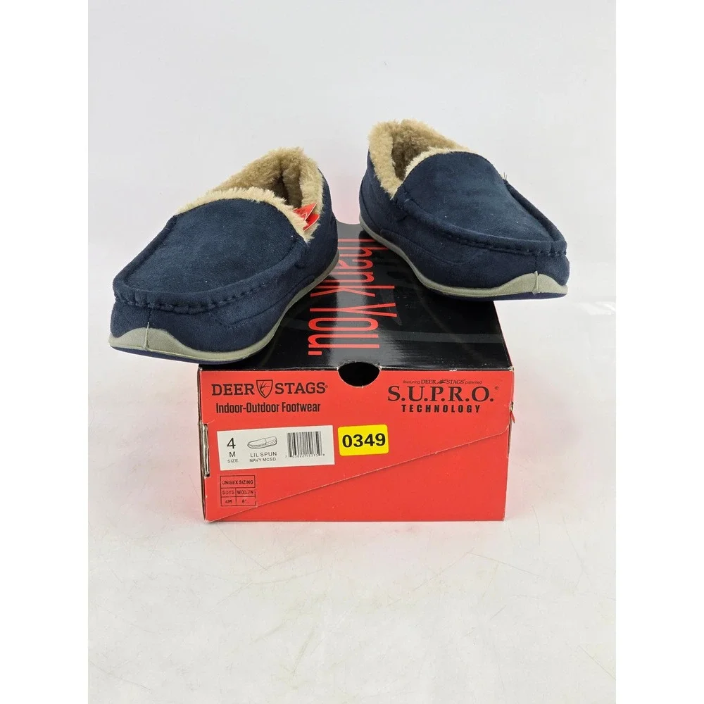 Deer Stags Lil Spun Slipperqz Boys Size 4 Navy Blue Moccasin Slippers - New